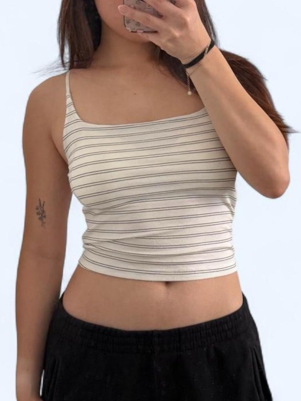 Striped Cream & Black Spaghetti-Strap Crop Tank Top